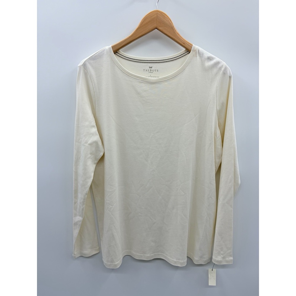 Talbots Womens Plus Size X Long Sleeve Pima Cotton Crew Neck Tee in Cream 655
